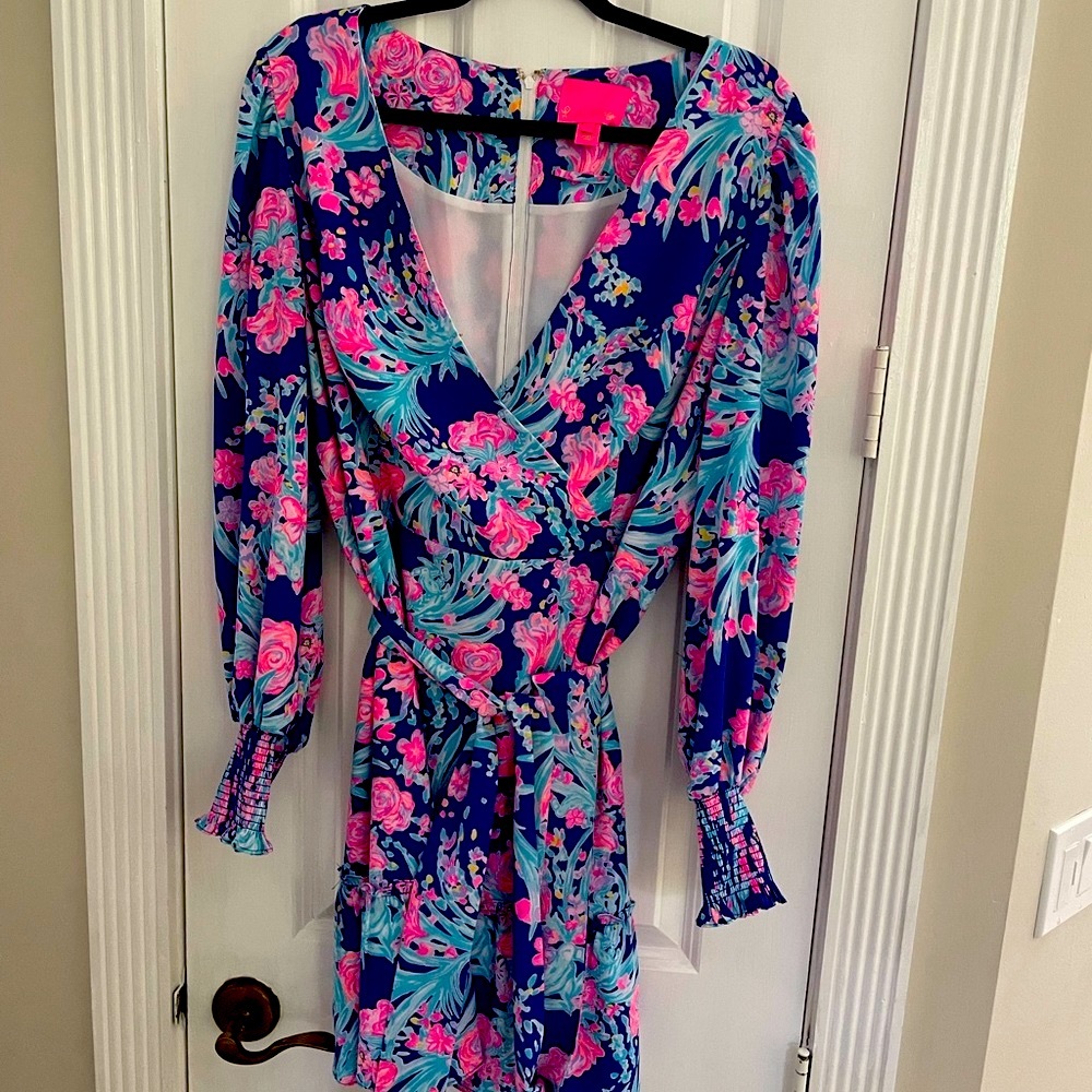 Lilly Pulitzer Rosie Stretch Dress Corsica Blue Toucan Party Blue Pink Size 16